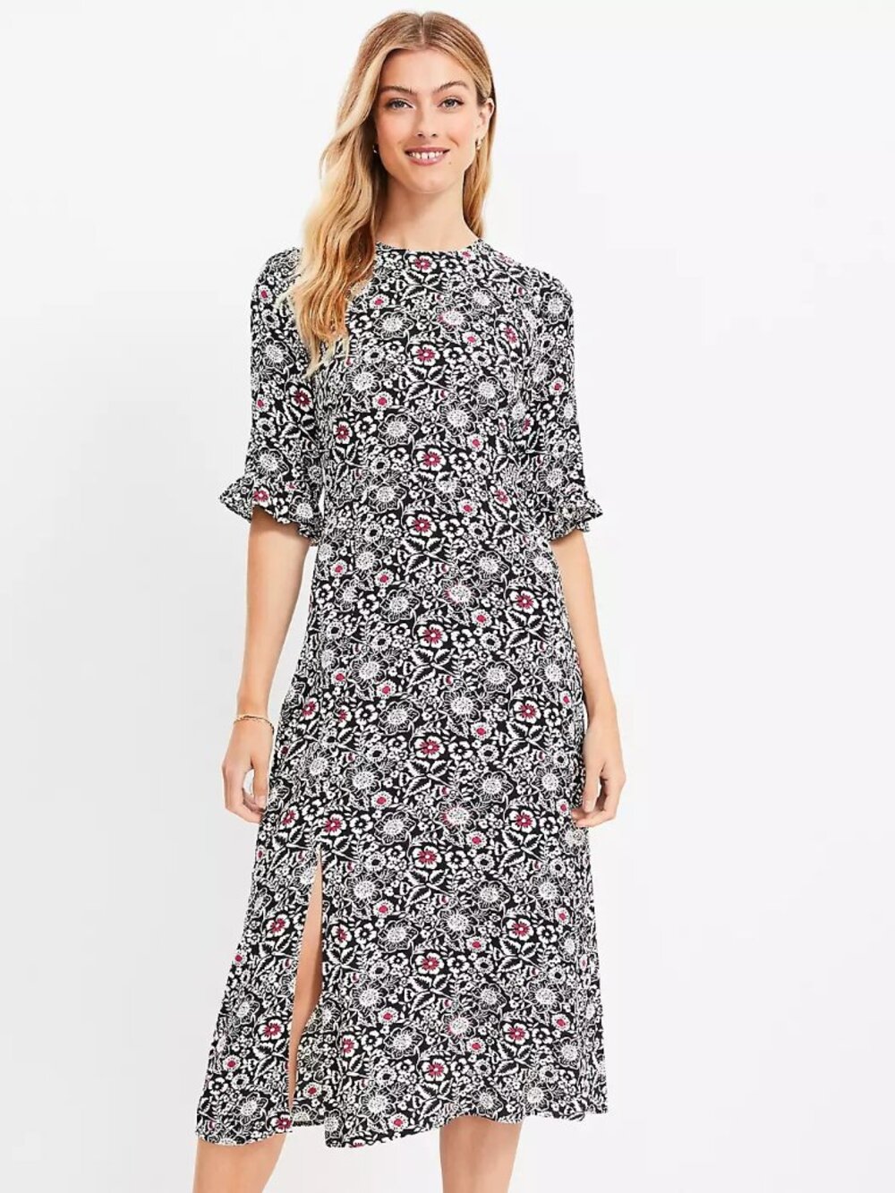 NWT Ann Taylor LOFT Women Size 10 Black White Dark Floral Midi Viscose Dress NEW